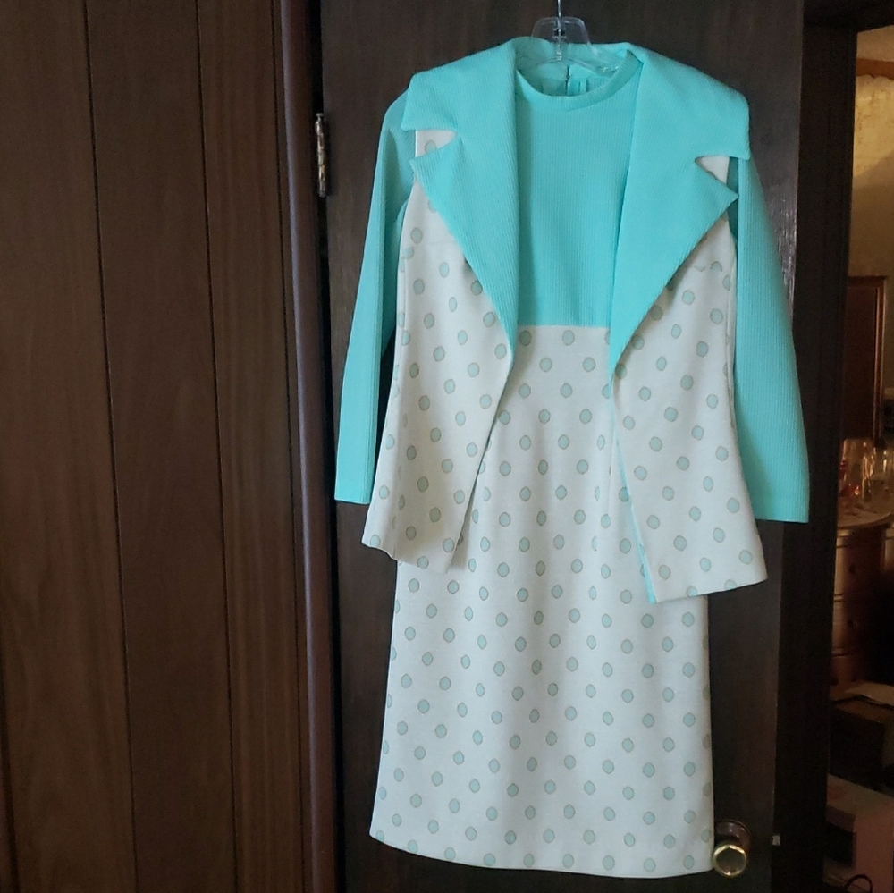 Costume Brady Bunch Aqua Vintage and Aqua & Cream Polka Dot Dress And Vest